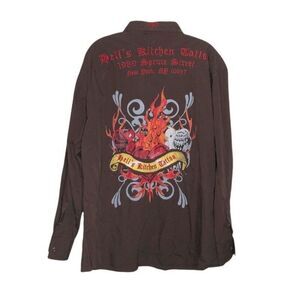 D-LUX Hell’s Kitchen Tattoo New York Button Up Brown Embroidered Shirt Size XL